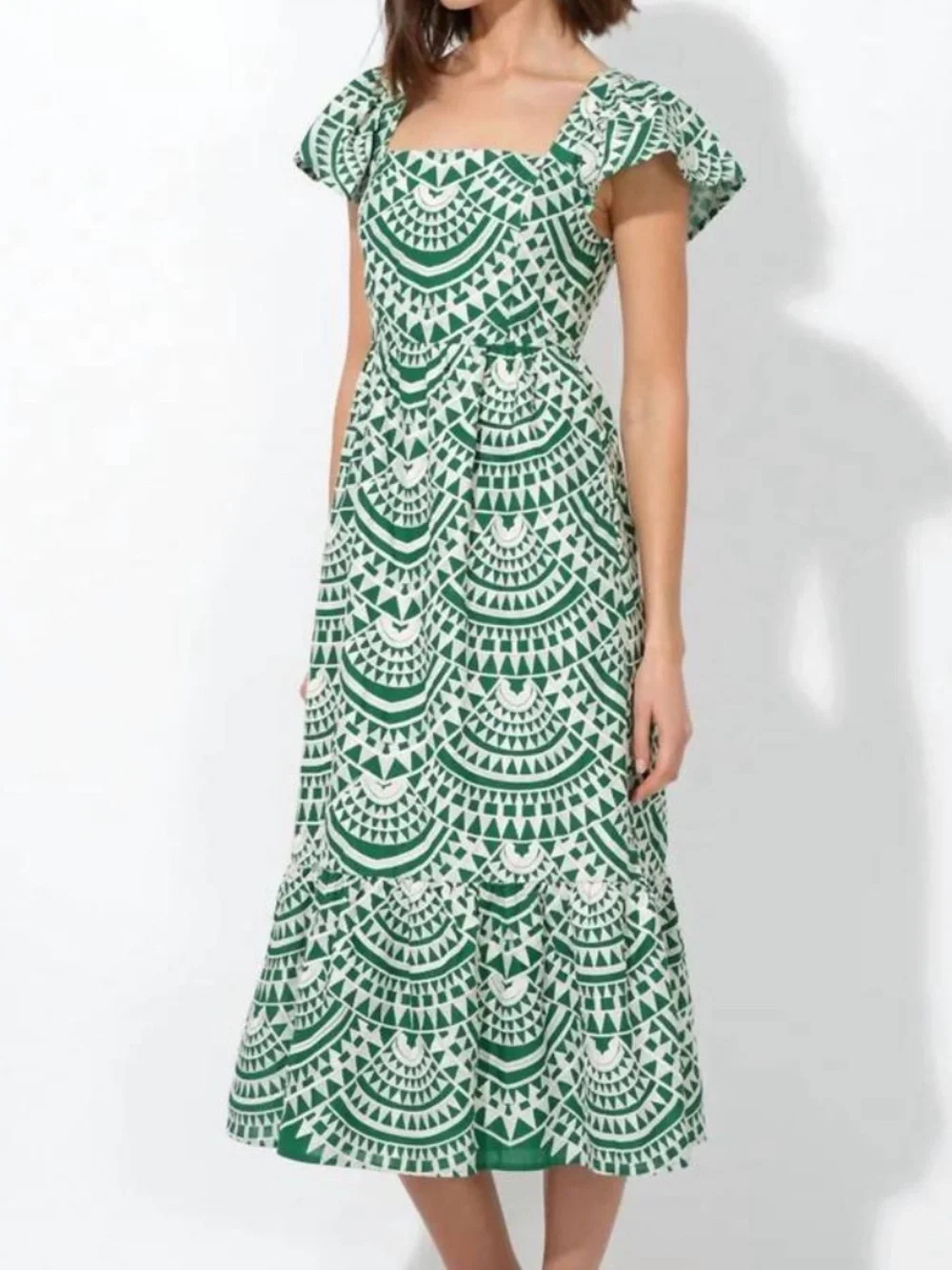 NWT Adelyn Rae Emerald and Cream Geometric Square-Neck crochet Midi Dress L - Picture 1 of 16